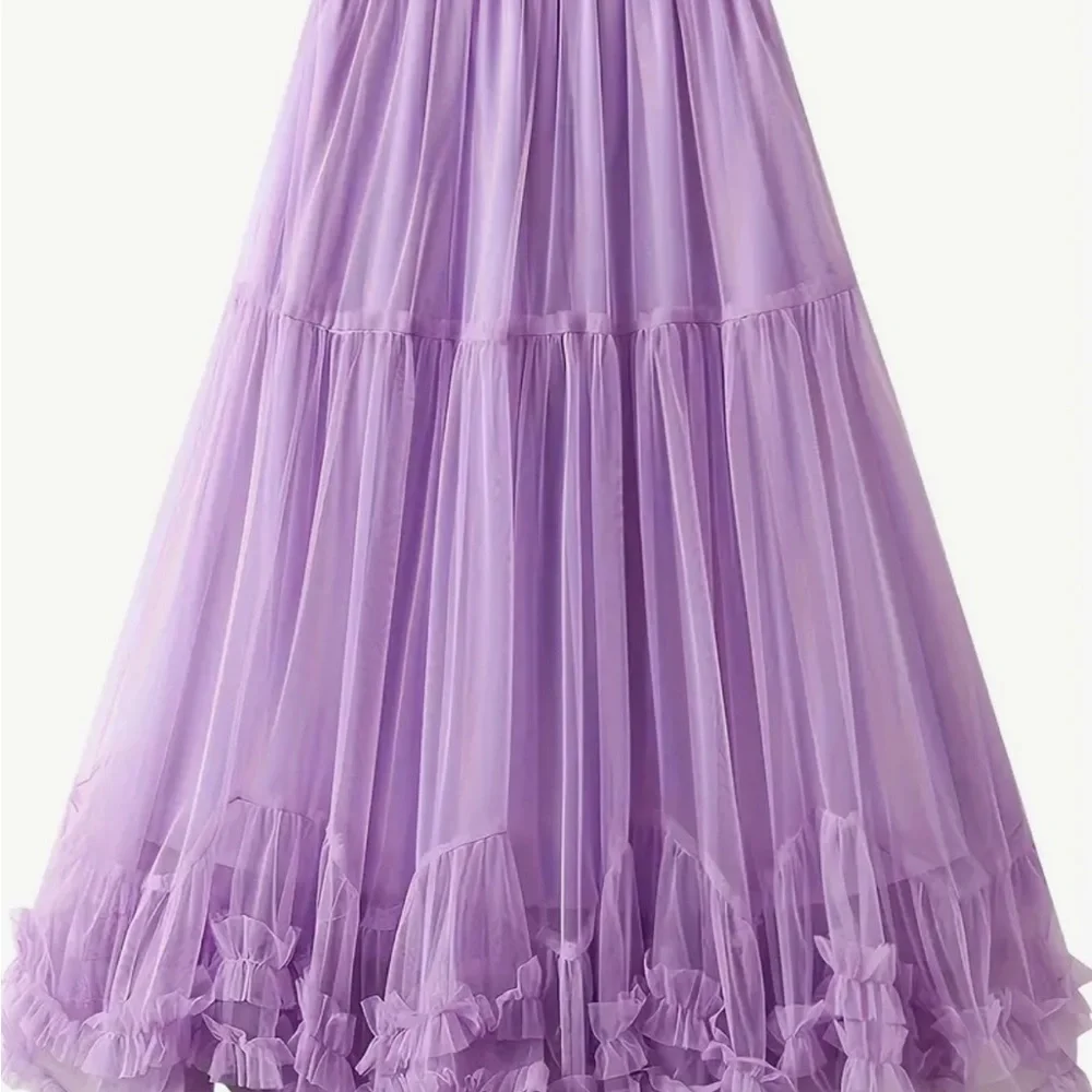 Lilac Chiffon Mesh Sheer Ruffled Layered Maxi Skirt (One size) - Picture 1 of 5